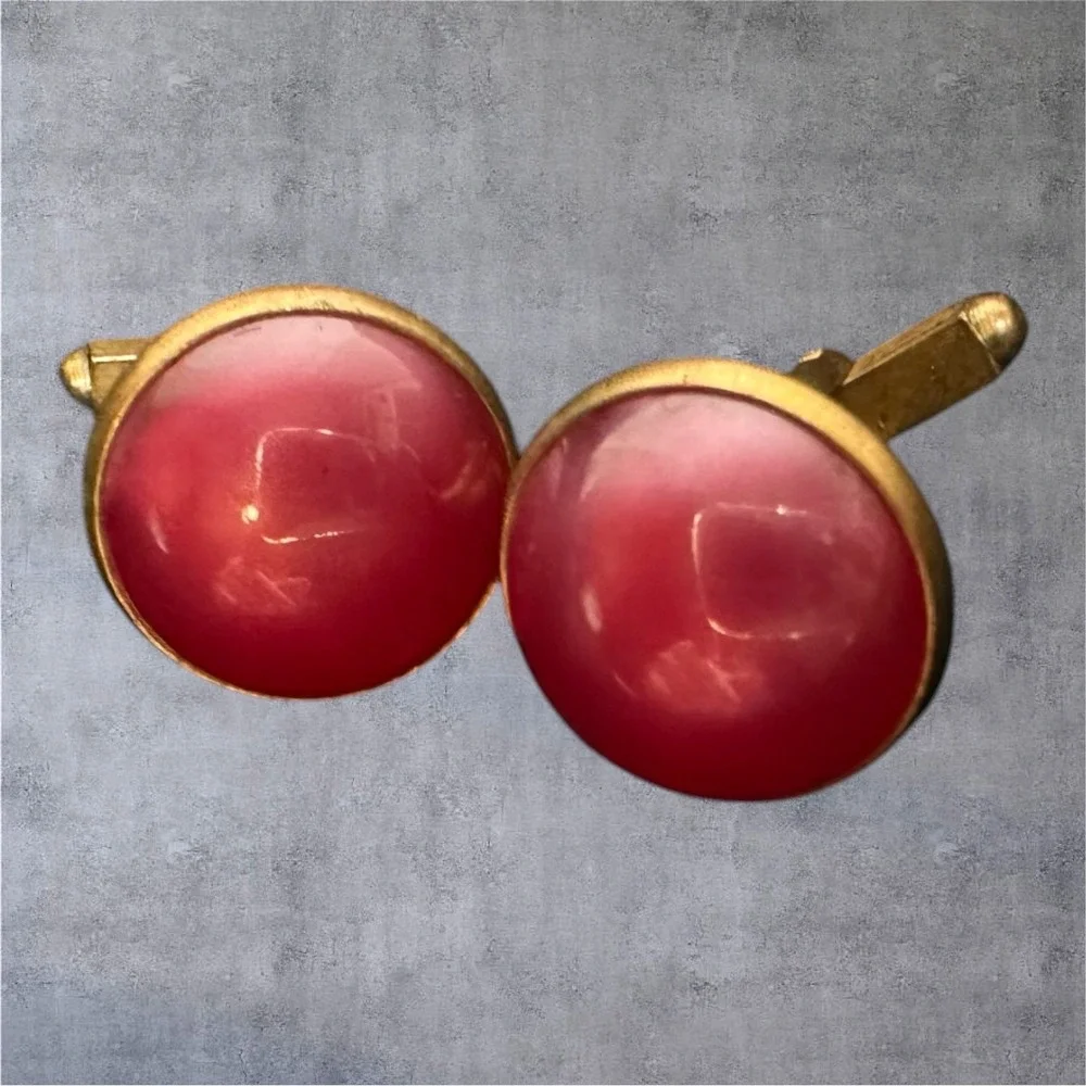 Vintage‎ Pink Dome Cufflinks Gold Tone Round Lucite Pearl Look